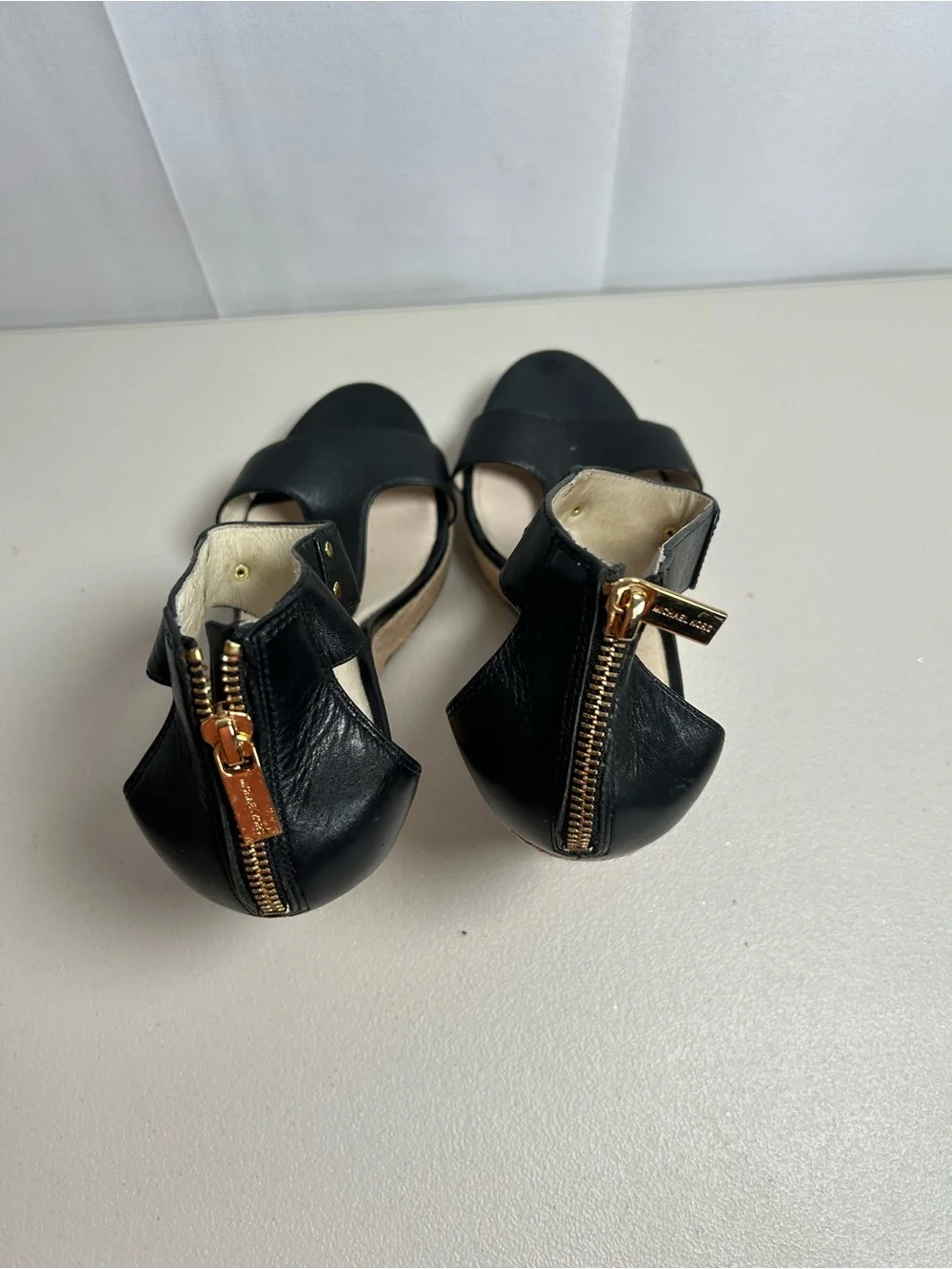 Michael Kors Black Leather Wedge Sandals with Gold Accent In 9M